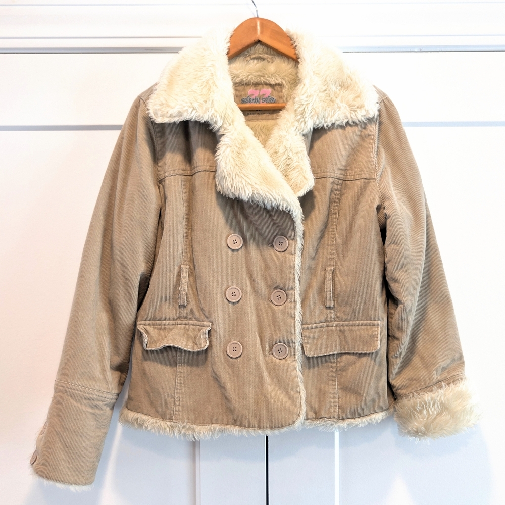 VINTAGE 90s Seventy Seven Tan Corduroy Fur Lined Double Breasted Coat